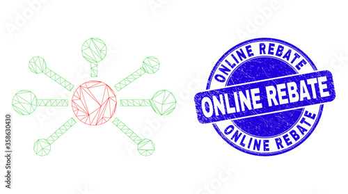 Web carcass node links pictogram and Online Rebate seal stamp. Blue vector round grunge seal stamp with Online Rebate title. Abstract carcass mesh polygonal model created from node links pictogram.