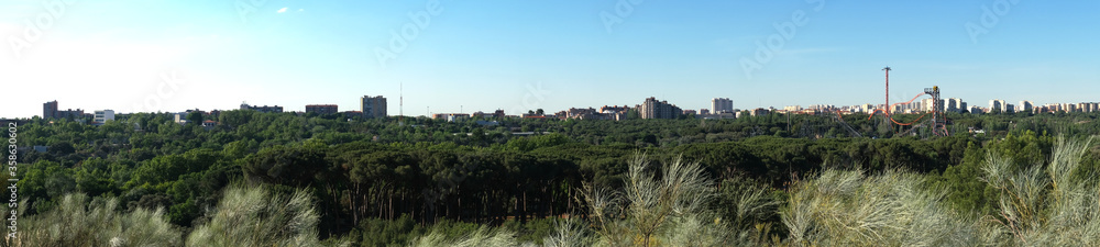 Madrid amusement park (Parque de Atracciones de Madrid) panoramic view from a view point
