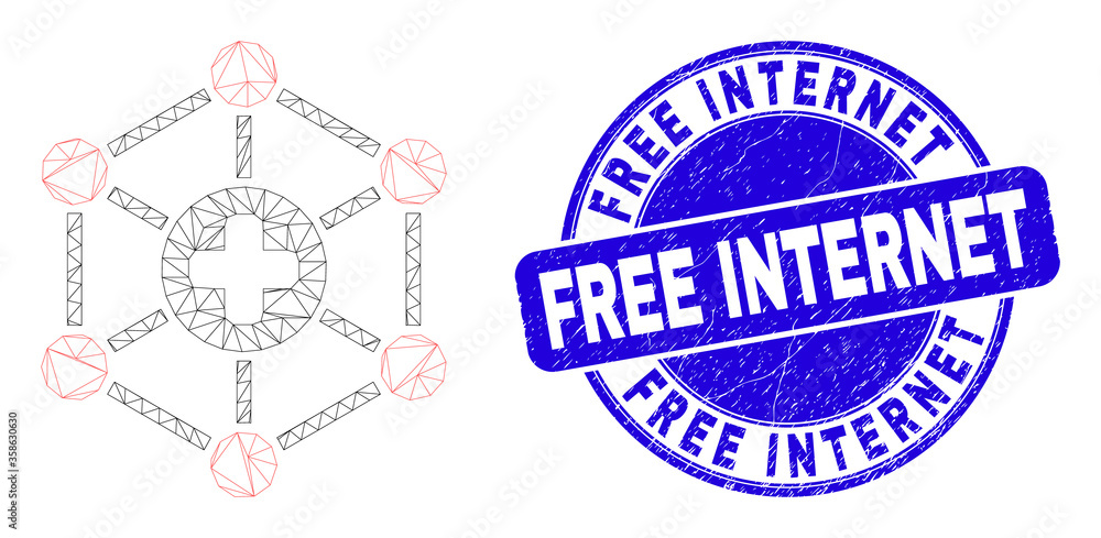 Fototapeta premium Web mesh medical center links icon and Free Internet seal stamp. Blue vector round scratched seal stamp with Free Internet phrase.