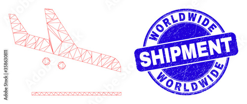 Web mesh airplane landing icon and Worldwide Shipment seal. Blue vector round grunge seal with Worldwide Shipment phrase. Abstract carcass mesh polygonal model created from airplane landing icon.