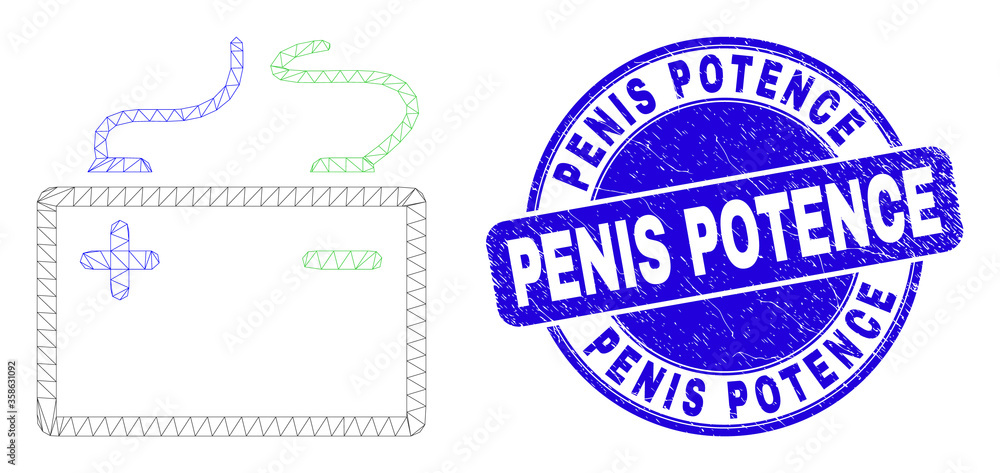 Web mesh accumulator battery icon and Penis Potence seal stamp. Blue vector rounded grunge seal with Penis Potence message. Abstract frame mesh polygonal model created from accumulator battery icon. Web mesh accumulator battery icon and Penis Potence seal stamp. Blue vector rounded grunge seal with Penis Potence message. Abstract frame mesh polygonal model created from accumulator battery icon.