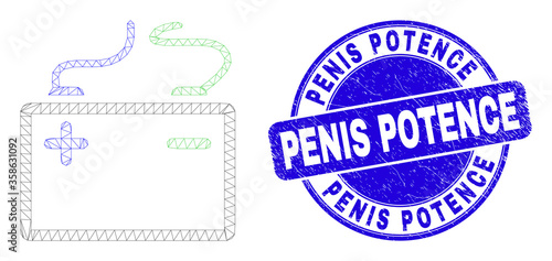 Web mesh accumulator battery icon and Penis Potence seal stamp. Blue vector rounded grunge seal with Penis Potence message. Abstract frame mesh polygonal model created from accumulator battery icon.