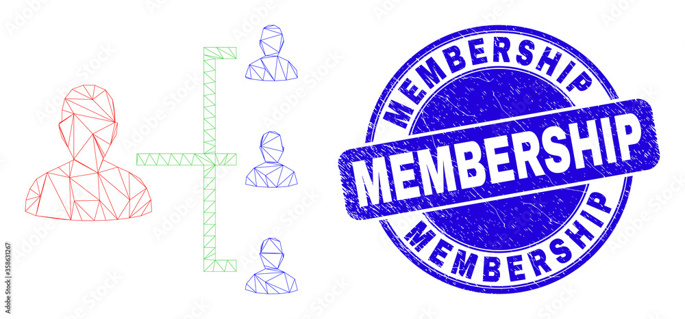 Web mesh people hierarchy pictogram and Membership watermark. Blue vector round grunge watermark with Membership phrase. Abstract frame mesh polygonal model created from people hierarchy pictogram.