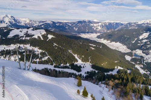 Winter in Dachstein mountains Limestone Alps in Austria aerial drone photo