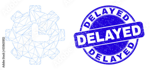 Web mesh clock settings pictogram and Delayed seal. Blue vector round textured seal stamp with Delayed phrase. Abstract carcass mesh polygonal model created from clock settings pictogram.