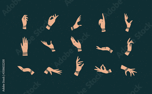 Hands with bracelets and rings in ethnical style in different positions to express feelings and emotions drawing on dark background
