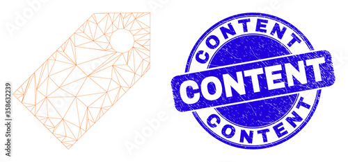 Web carcass tag icon and Content seal stamp. Blue vector round grunge seal stamp with Content message. Abstract carcass mesh polygonal model created from tag pictogram.