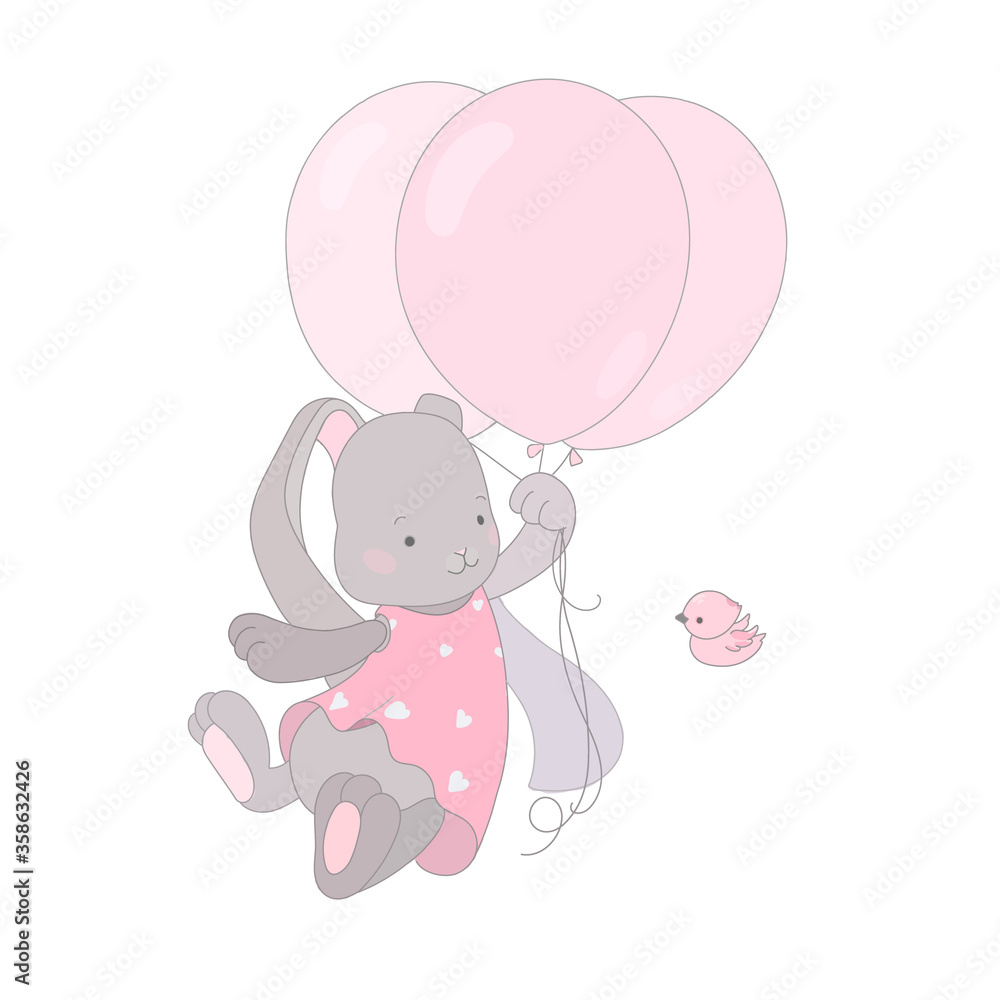 Children's card with cartoon animals. Children's gray cute rabbit on the pink air balloon and the bird that flies next to him. Linear drawing.in soft pastel colors for babies kids. .Isolated vector. Children's card with cartoon animals. Children's gray cute rabbit on the pink air balloon and the bird that flies next to him. Linear drawing.in soft pastel colors for babies kids. .Isolated vector.