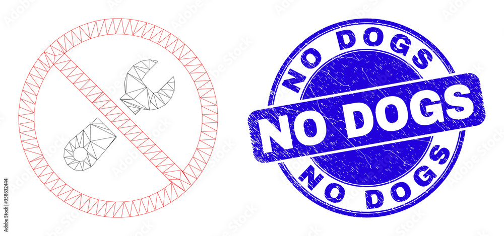 Web mesh forbidden repair pictogram and No Dogs watermark. Blue vector round grunge watermark with No Dogs caption. Abstract frame mesh polygonal model created from forbidden repair icon. Web mesh forbidden repair pictogram and No Dogs watermark. Blue vector round grunge watermark with No Dogs caption. Abstract frame mesh polygonal model created from forbidden repair icon.