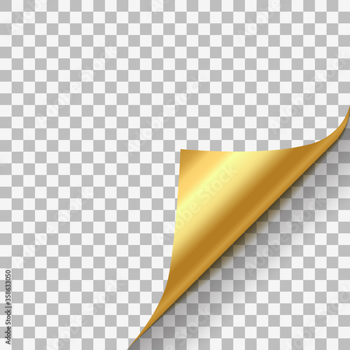Page curl with shadow on blank sheet of paper. Gold yellow metallic paper sticker. Element for advertising message isolated on transparent background. Vector illustration for your design and business.