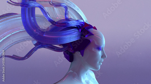 Futuristic female AI head with closed eyes and extraordinary hairdress | Abstract Art | illuminated by neon lights | wave/electro music banner background | 3D Render Illustration