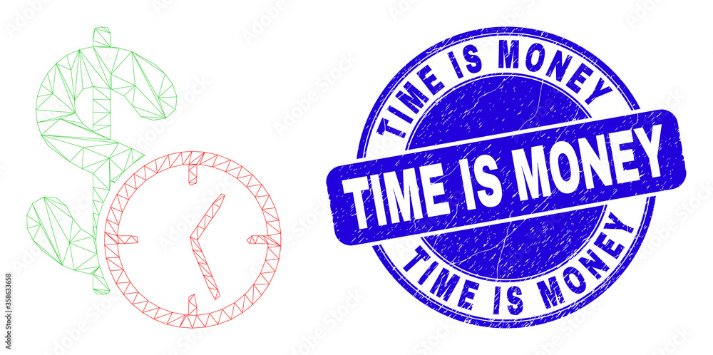 Web carcass dollar credit time icon and Time Is Money seal stamp. Blue vector rounded grunge seal with Time Is Money caption.