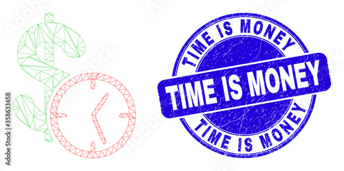 Web carcass dollar credit time icon and Time Is Money seal stamp. Blue vector rounded grunge seal with Time Is Money caption.