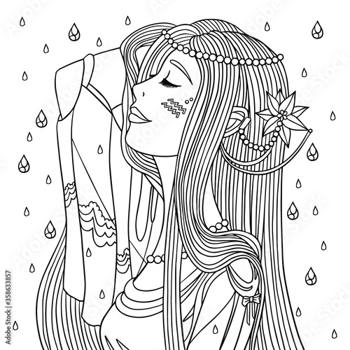 A beauty with long hair as zodiac aquarius is around water drops. Coloring page. Vector outline illustration with doodle and zentangle elements. Fantasy art.