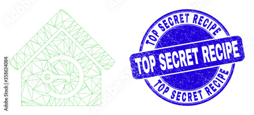 Web carcass home keyhole icon and Top Secret Recipe seal. Blue vector rounded grunge seal stamp with Top Secret Recipe phrase. Abstract frame mesh polygonal model created from home keyhole icon.