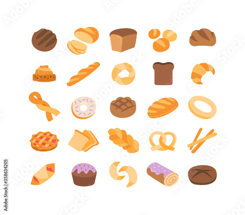 Large set of 25 colorful bread icons showing assorted loaves, rolls, buns, cakes, pretzels, bagels and pastries in vector line drawings