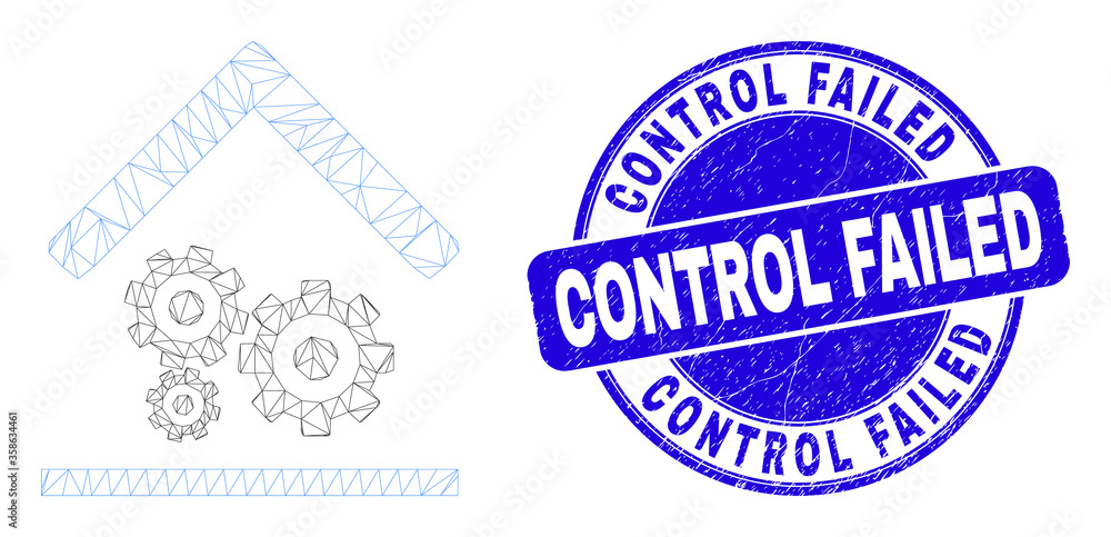 Web mesh engine service garage pictogram and Control Failed seal. Blue vector round distress seal stamp with Control Failed title.