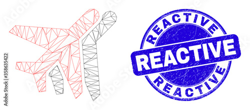 Web mesh airplanes pictogram and Reactive seal stamp. Blue vector round grunge seal stamp with Reactive caption. Abstract frame mesh polygonal model created from airplanes pictogram.