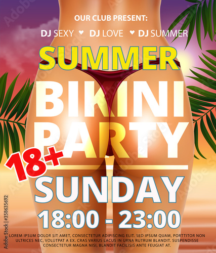 Summer night beach bikini or pool party flyer with pretty realistic young sexy woman bottom and erotic back in bikini on evening beach in summer with palm leaf. Adult holiday vacation party 18 Vector.