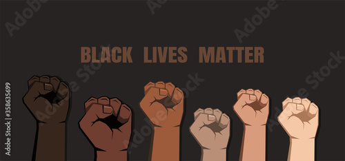 Six clenched fists of different shades.