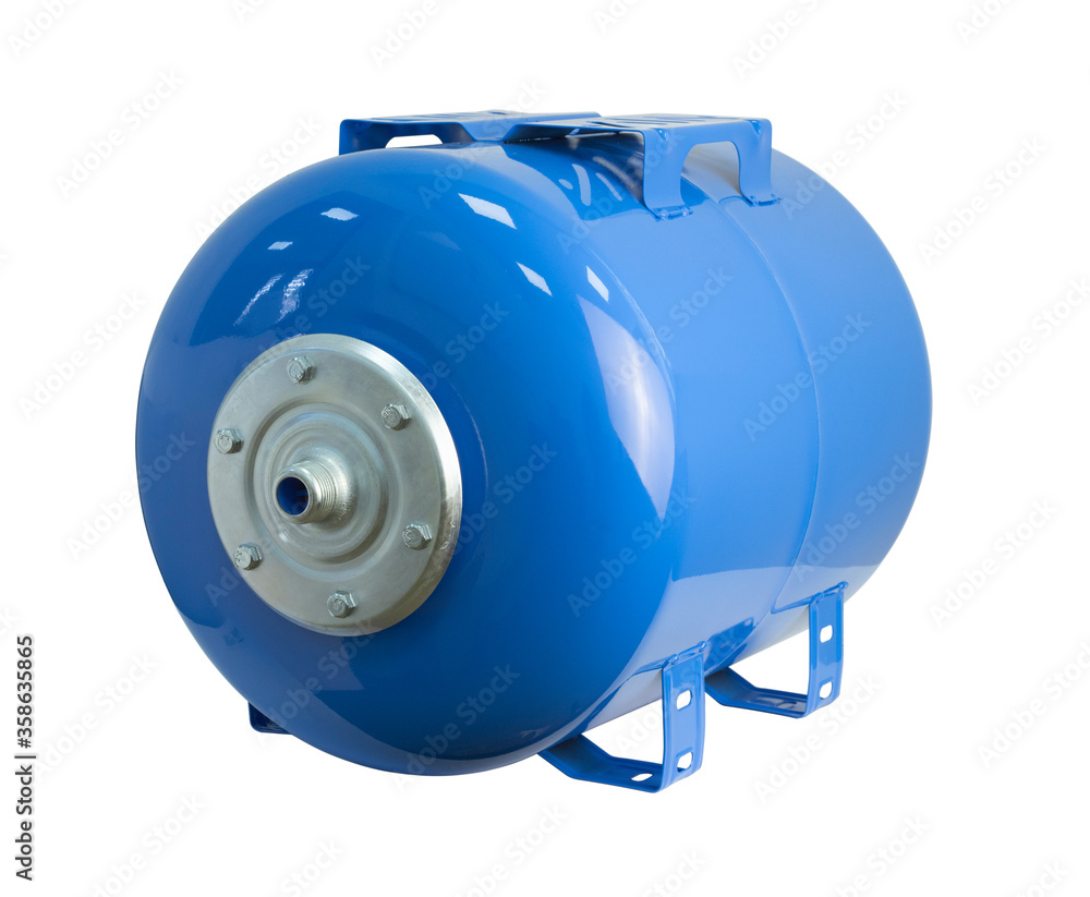 Expansion tank for a pump station. Blue colour pump booster pressure vessel. Pressure vessel for a booster set. Isolated on white background.