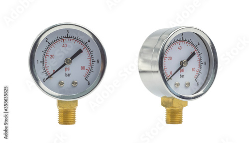 Manometer or air gauge for pressure regulation in pumping station. Isolated on white background. In two different angles.