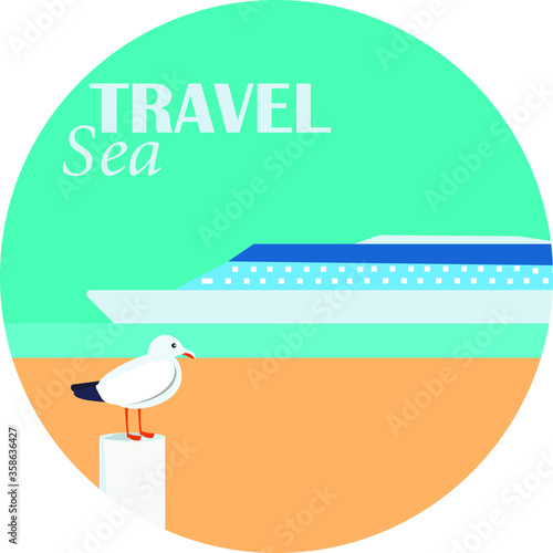 a liner sails on the sea, a Seagull sits by the sea, a cruise on the sea, a trip on a ship,vacation on the ocean