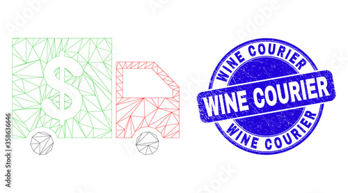 Web carcass banking delivery pictogram and Wine Courier stamp. Blue vector rounded distress stamp with Wine Courier phrase.