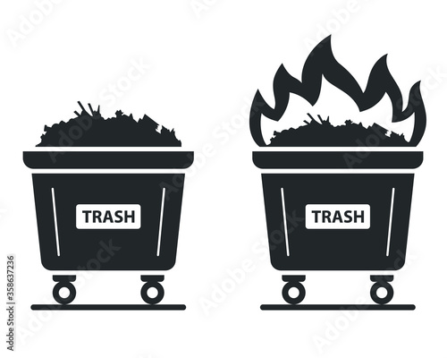 icon of the container in which the trash burns. set fire to waste. flat vector illustration.