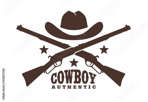 Cowboy hat with crossed rifles - Western retro logo stencil. Wild west sheriff ranger tattoo. Vector illustration.