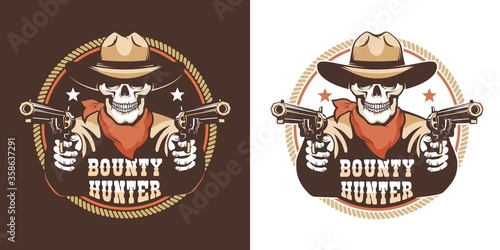 Cowboy skeleton western gunfighter with guns retro badge. Skull with pistols vintage wild west emblem. Vector illustration.