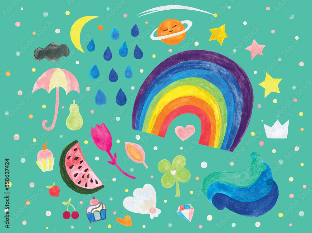 fun pattern in a child's style, with images of different elements - rainbow, clover, fruits, cakes, pearls and planet! 