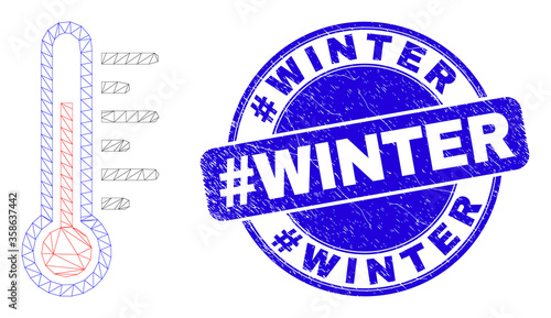Web carcass temperature pictogram and #Winter seal. Blue vector round textured seal stamp with #Winter message. Abstract carcass mesh polygonal model created from temperature pictogram.