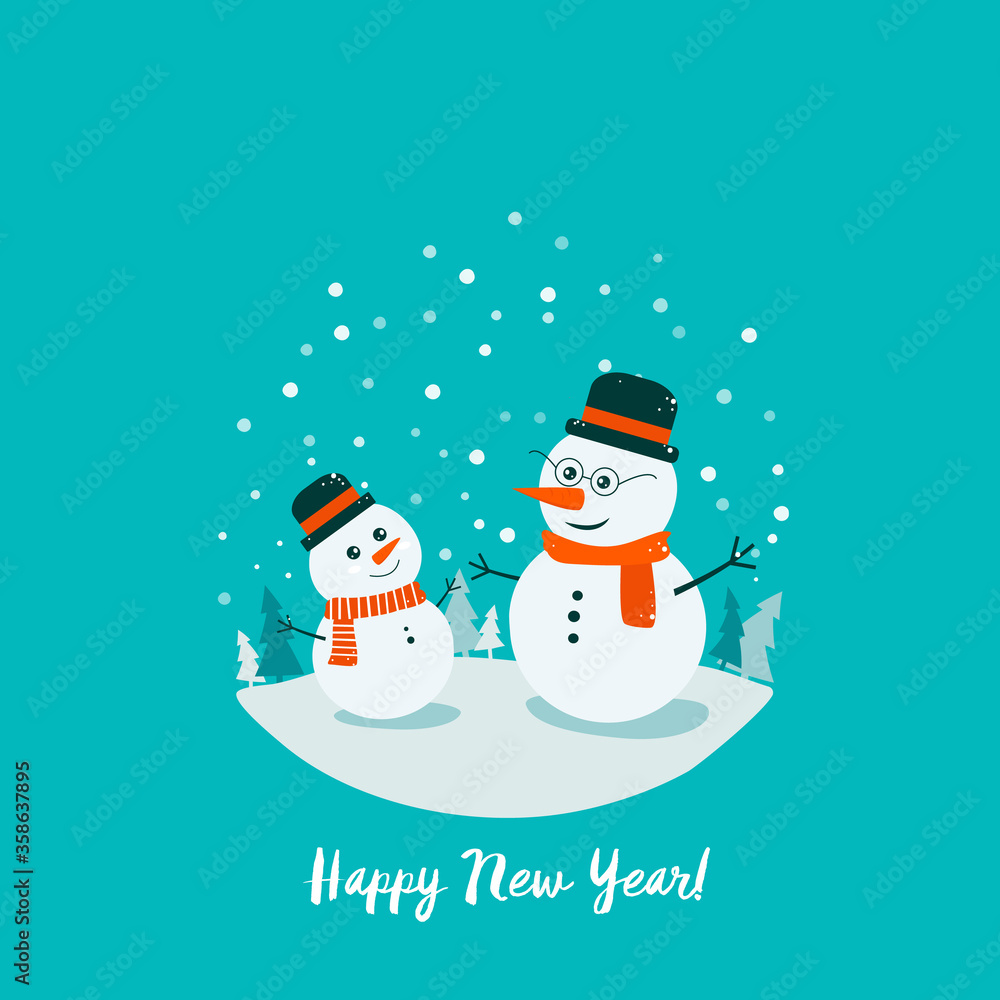 Flat bright vector illustration, cartoon big and small snowman, trees, flakes, snow in circle. Snowman family. Christmas and New Year card. Flat bright vector illustration, cartoon big and small snowman, trees, flakes, snow in circle. Snowman family. Christmas and New Year card.