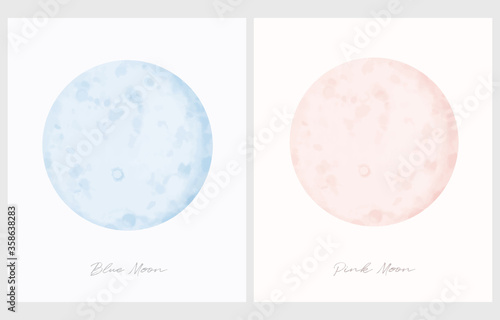 Pink Moon. Blue Moon. Simple Vector Illustration with Watercolor Style Full Moon Isolated on an Off-White Background. Cute Pastel Color Galaxy Print Ideal for Kids Room Decoration, Wall Art. 
