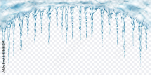 Group of translucent light blue realistic icicles of different lengths connected at the top. For use on light background. Transparency only in vector format