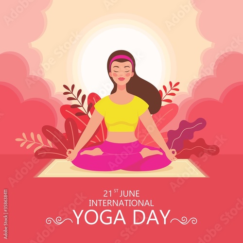 Vector illustration of a women doing padmasana yoga. International Yoga Day on 21st June.
indian traditional yoga. colourful vector background.