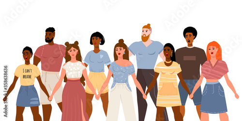 Stop racism. Black lives matter, we are equal. No racism concept. Flat style. Protesting people. Different skin colors. Vector illustration. Isolated.
