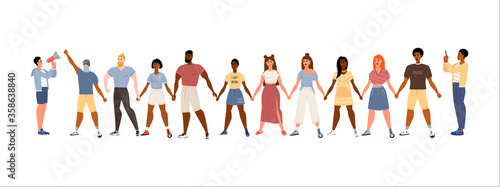 Stop racism. Black lives matter, we are equal. No racism concept. Flat style. Protesting people. Different skin colors. Vector illustration. Isolated.