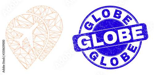 Web mesh airport map markers pictogram and Globe seal. Blue vector rounded distress seal with Globe message. Abstract carcass mesh polygonal model created from airport map markers pictogram.
