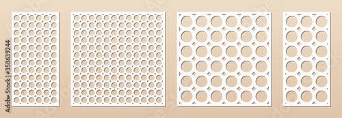 Decorative panel for laser cutting. Cnc pattern set. Cutout silhouette with abstract geometric texture, circles, rings, circular grid. Laser cut stencil for wood, metal, paper. Aspect ratio 1:1, 1:2