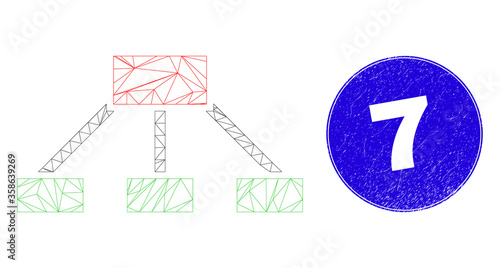 Web carcass hierarchy links icon and 7 seal stamp. Blue vector rounded scratched seal stamp with 7 text. Abstract frame mesh polygonal model created from hierarchy links icon.