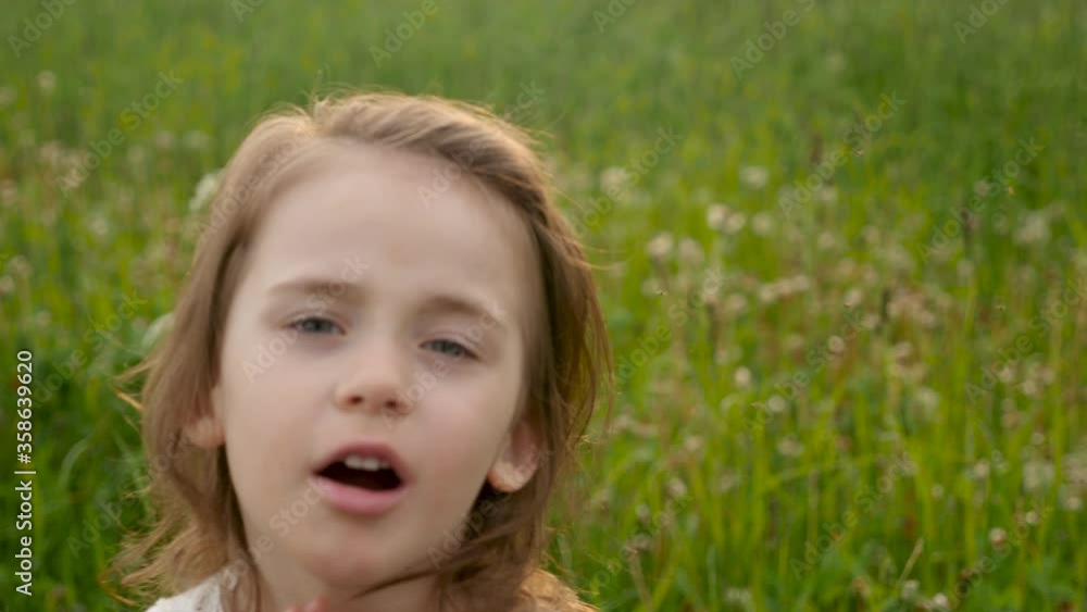 portrait of a child girl in a green field at sunset in summer portrait of a child girl in a green field at sunset in summer