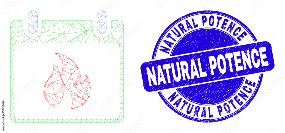 Web mesh hot calendar leaf icon and Natural Potence stamp. Blue vector rounded scratched seal stamp with Natural Potence phrase.