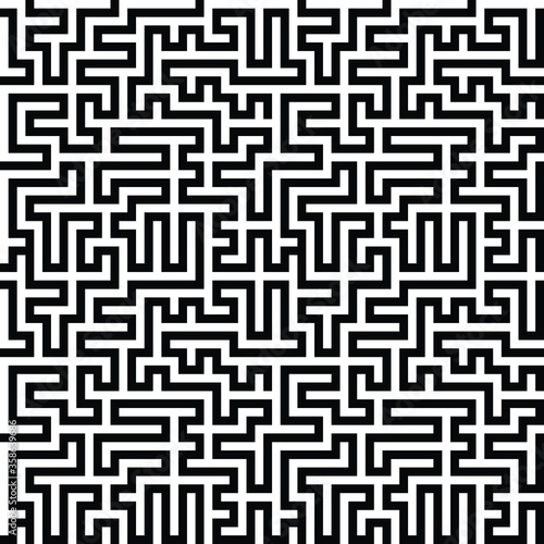 Seamless meandering  lines, technology background, 80-s style, geometric fabric print in black and white, seamless background with maze texture.