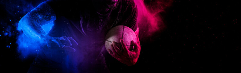 Rugby football player. Sports banner