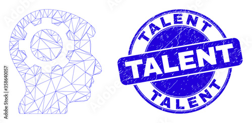 Web carcass gear thinking head icon and Talent seal stamp. Blue vector rounded grunge seal stamp with Talent caption. Abstract frame mesh polygonal model created from gear thinking head icon.