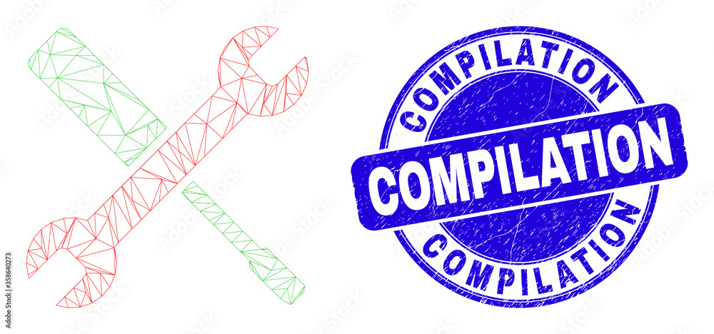 Web carcass configuration tools icon and Compilation seal stamp. Blue vector round distress seal stamp with Compilation message.