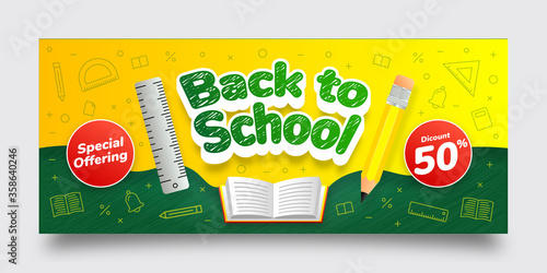 Back to School Special Offering Discount Banner Template, Green, Yellow, White, Red, Text Effect, Background