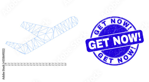Web mesh airplane takeoff icon and Get Now! seal. Blue vector round grunge seal with Get Now! message. Abstract frame mesh polygonal model created from airplane takeoff icon.